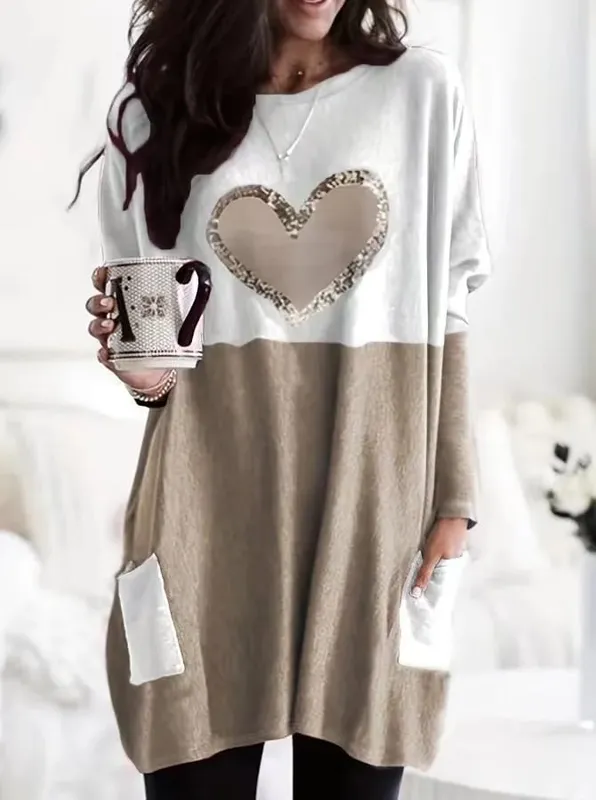 2024 Plus Size Europe And The United States Autumn Love Printed Round Neck Loose Color Contrast Long Sleeve T-Shirt Women