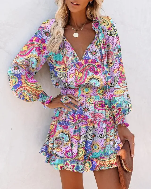 Color Printed Mini Dresses Women Spring Summer Long Sleeve V-neck Elastic Waist Ruffles Dress Fashion Trendy Ladies Vestidos — image 9