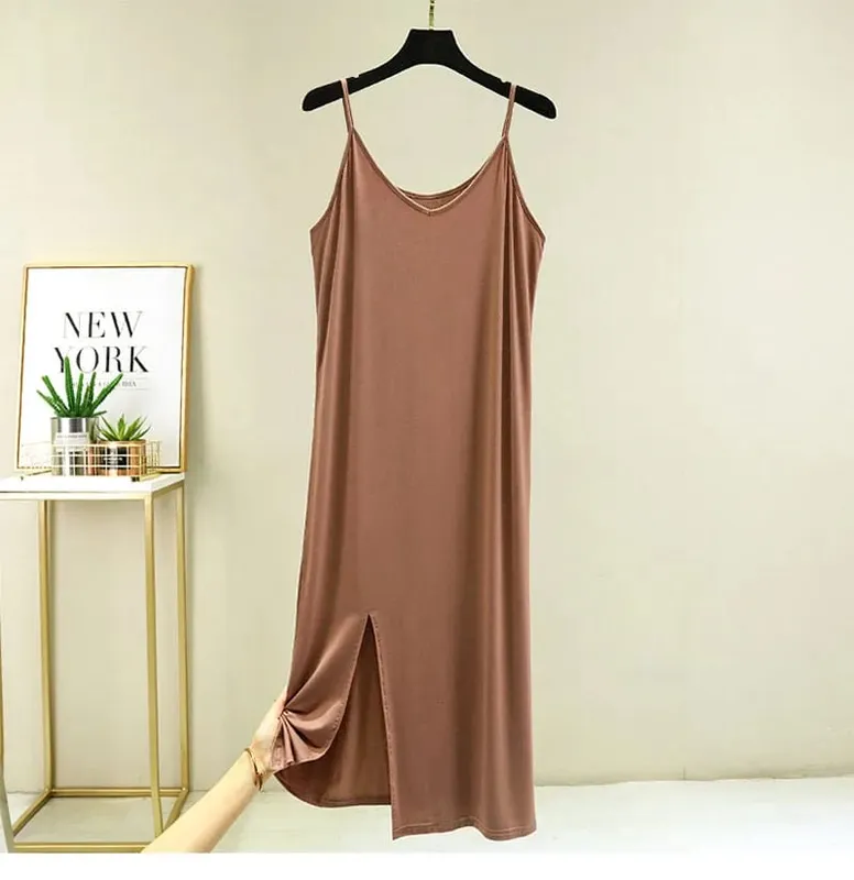 Womens Modal Full Slip Dress Underwear Veststrap Solid Long Under Dress Camisole Slips Inner Petticoat Women Intimates