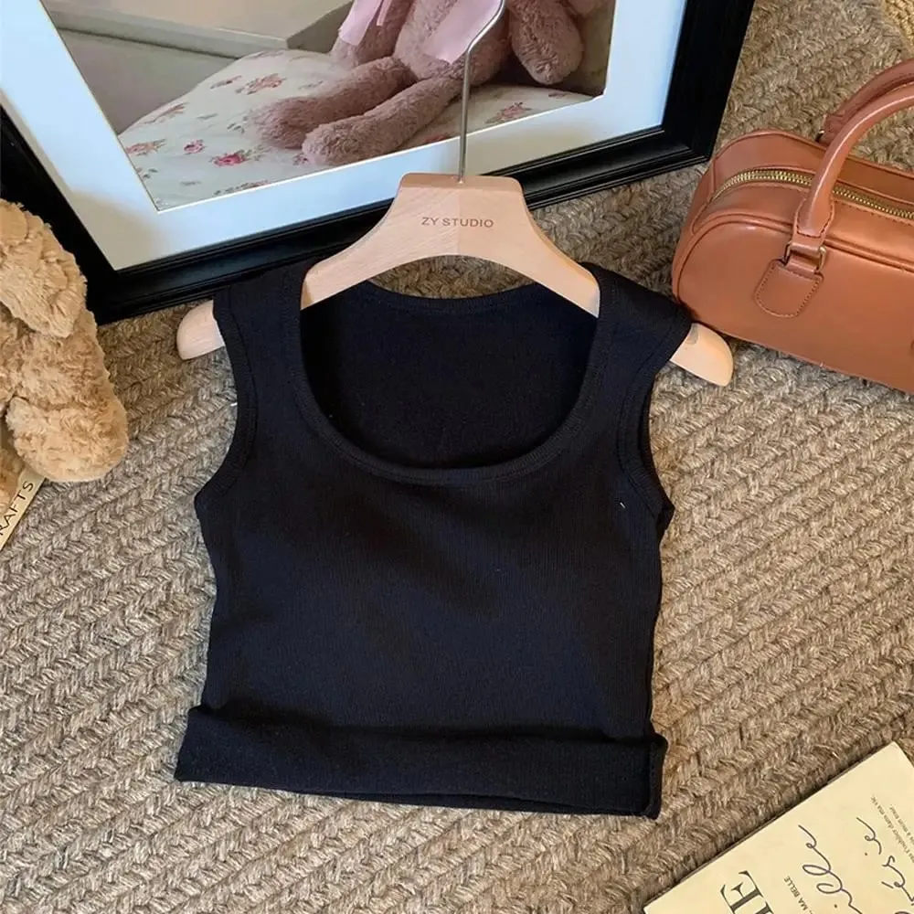Women Solid Color O Neck Ribbed Tank Top Wide shoulder Strap Camisole 2025 Summer autumn Basic Camisole Elastic Tank Tops — image 10