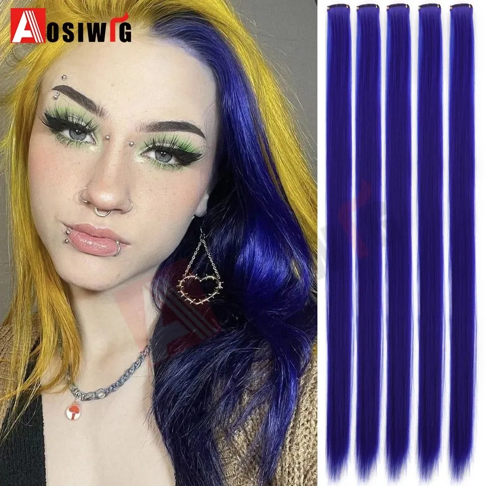 5PC Synthetic Feather Hair Extensions With Clips Heat Resistant Straight Hair Extensions Color Colored Black Hair Clip Womens 8G — image 20