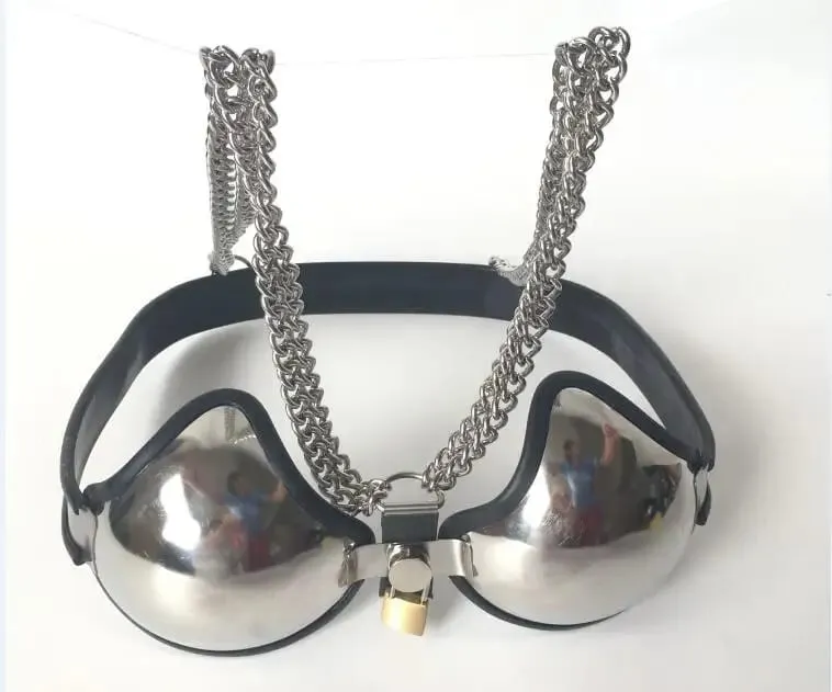 Reggiseno a fascia regolabile femminile in acciaio inossidabile Reggiseno a forma di seno con dispositivo di cintura di castità Bondage con serratura Ddsm Giocattolo del sesso 3 colori — image 3