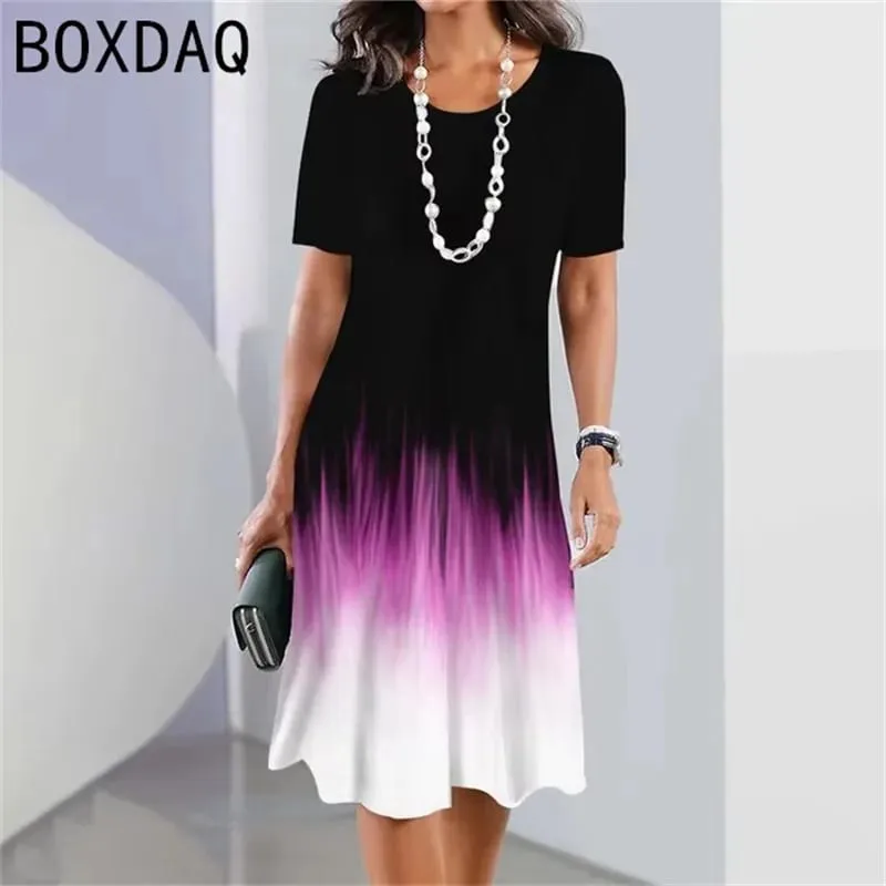 Big Size Women Dress 3D Colorful Gradient Print A-Line Dress Summer O-Neck Short Sleeve Casual Dress Elegant Loose Mini Dresses