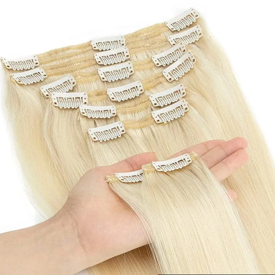 100% Real Human Hair Blonde Clips In Hair Extensions Bundles Natural Black Bulks Blonde 613 Piano Colored Brazilian Hair 30 inch — image 6