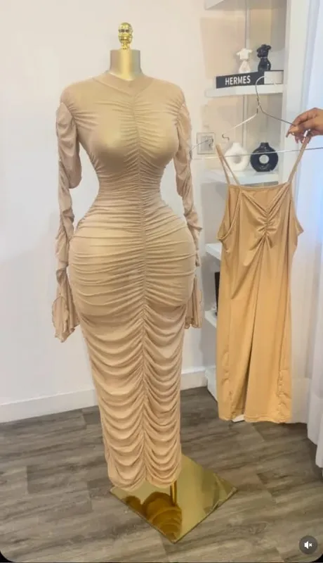 CM.YAYA Women Flare Long Sleeve Stacked Ruched Mesh See Though with Tank Dress Maxi Long Dress 2025 Birthday Sexy Party Dresses
