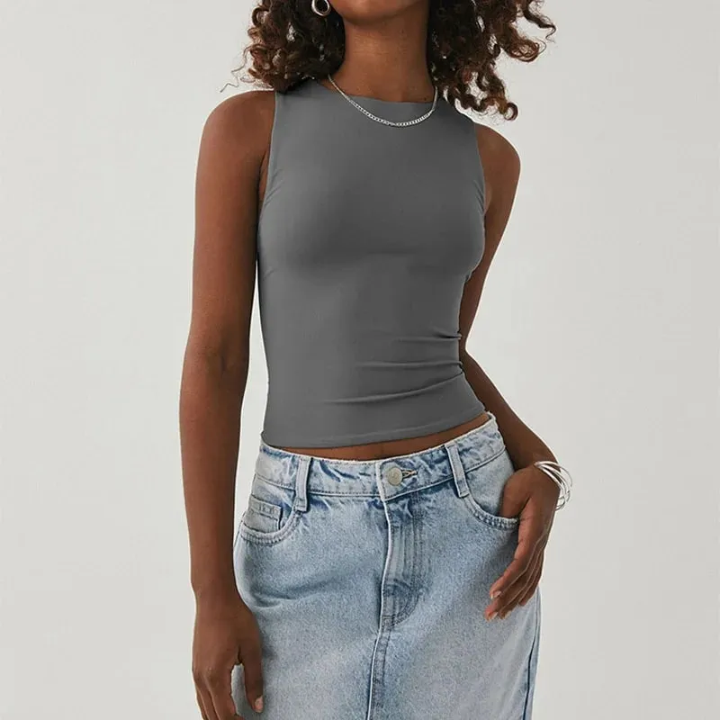 Sleeveless tight bottom shirt round neck I-shaped solid color top casual vest — image 5