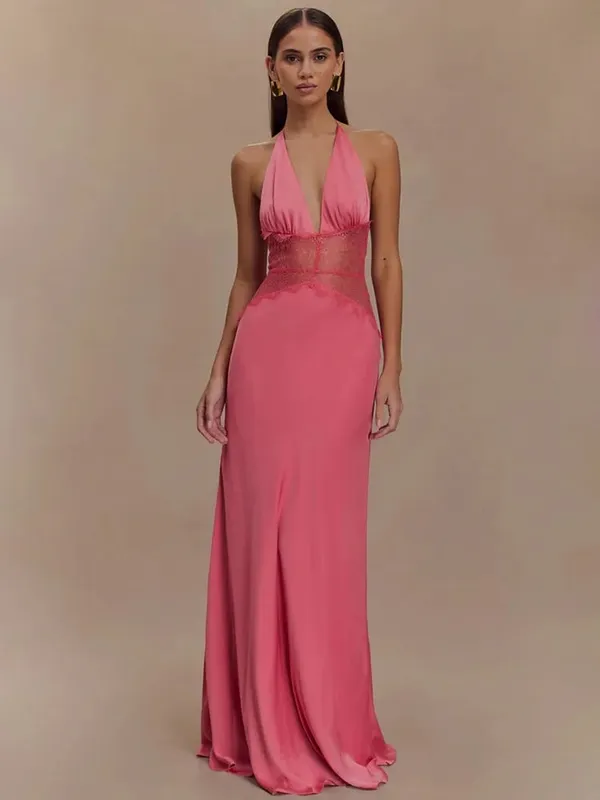Mozision Summer Backless Sexy Maxi Dress Women Gown Patchwork Lace Halter Deep V Neck Sleeveless High Waist Elegant Long Dress — image 6
