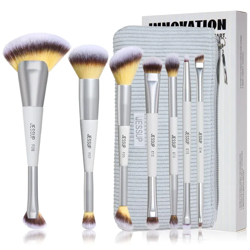 Berus Mekap Jessup Set 3/7pcs Dwi Berakhir Sintetik Pemerah Pipi Serlahan Campuran Berus Kening dengan Beg Tenang Kelabu T520