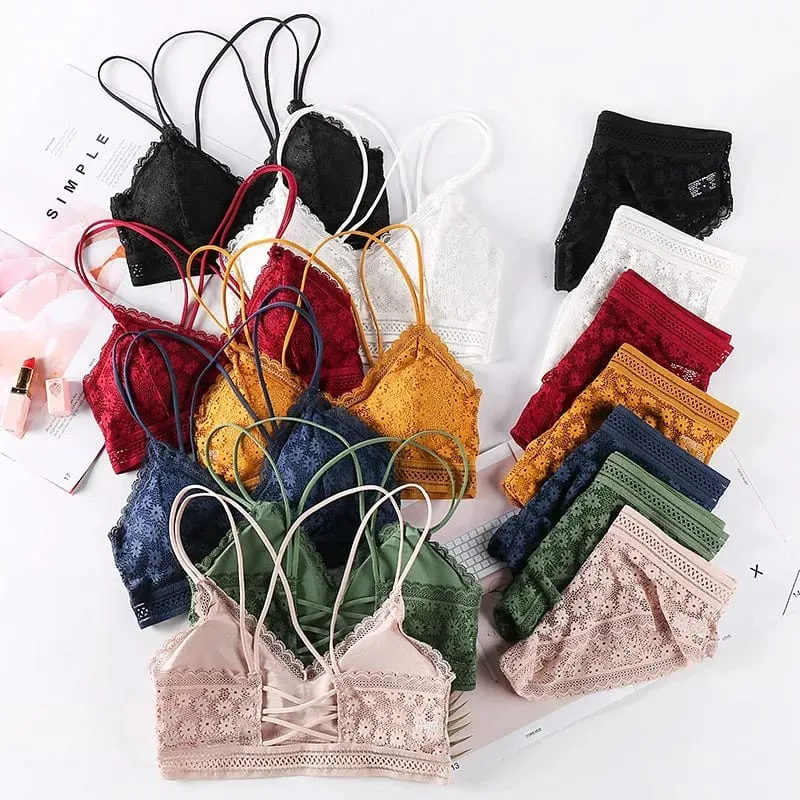 Lace Lingerie Set Cross Shoulder Strap Without Steel Ring Bra Women's Comfortable Support Underwear Fashionable Gathering Design — image 1