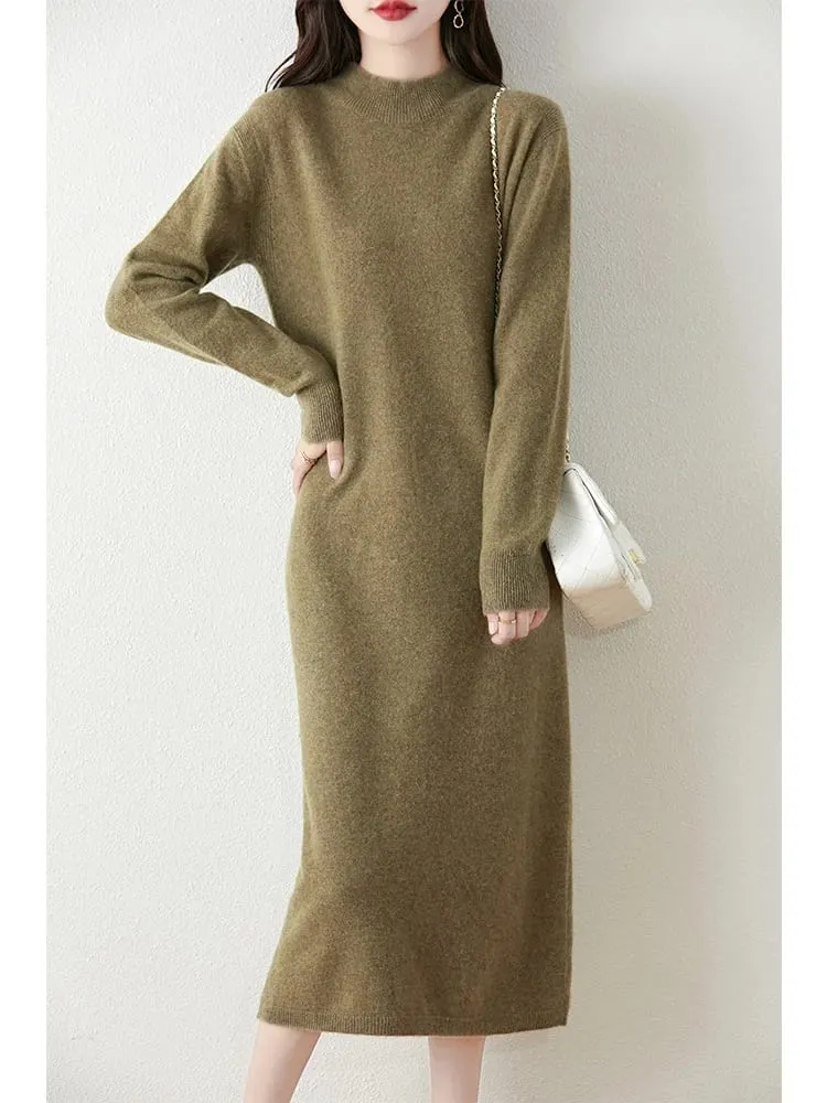 Autumn Winter Women's Wool Long Dress Cashmere Mock Neck Pullover Sweater 100% Merino Wool Soft Knitwear OL Simple Basic Dress — image 1