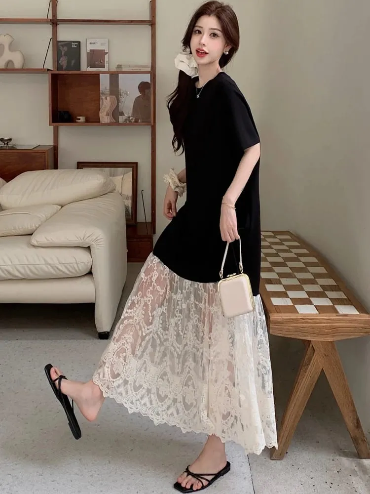 plus Size Women's Lave Patchwork Dress Summer 2026 Loose Long Dresses Robe Elbise Short Sleeve Korean Style Floral Hem — image 4