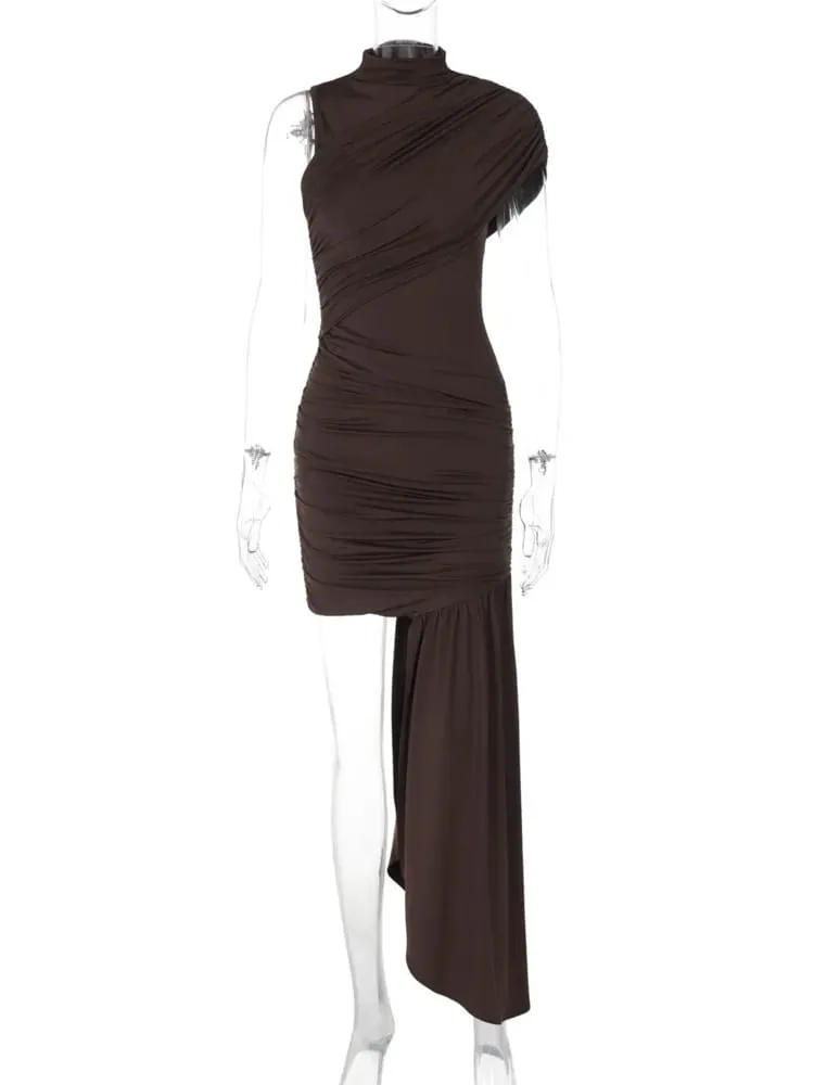 Mozision Irregular Draped Ruched Sexy Mini Dress For Women Elegant Turtleneck Sleeveless High Waist Pleated Club Party Dress — image 6