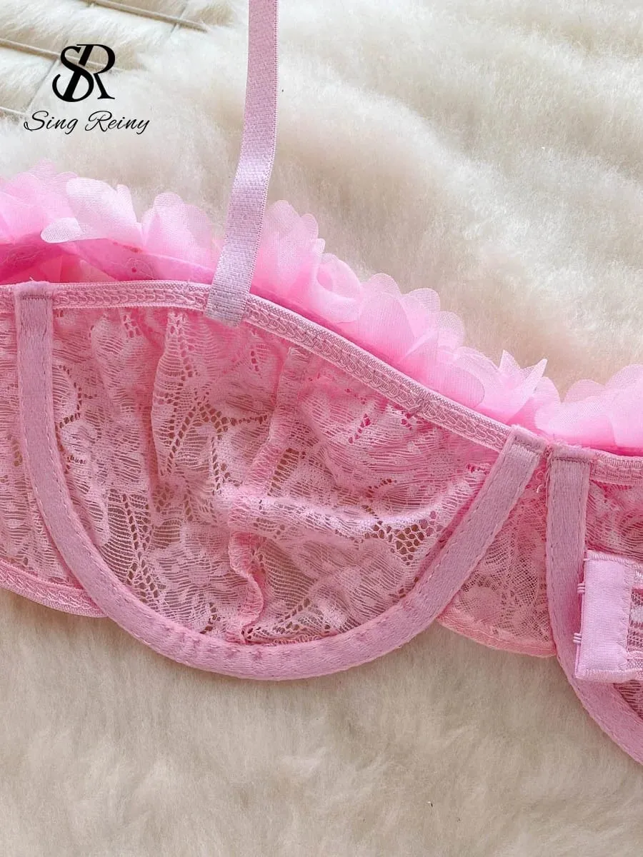 2024 Sensual Mesh Lace Lingerie Three Pieces Sets Women Floral Strap Mini Bra+Thongs Hollow Out Sexy Underwear Suits — image 5
