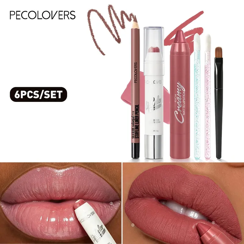 6PCS/Set Lip Makeup Set - Precise Lip Line and Full Color Moisturizing Semi-matte Suitable for Daily and Party Makeup