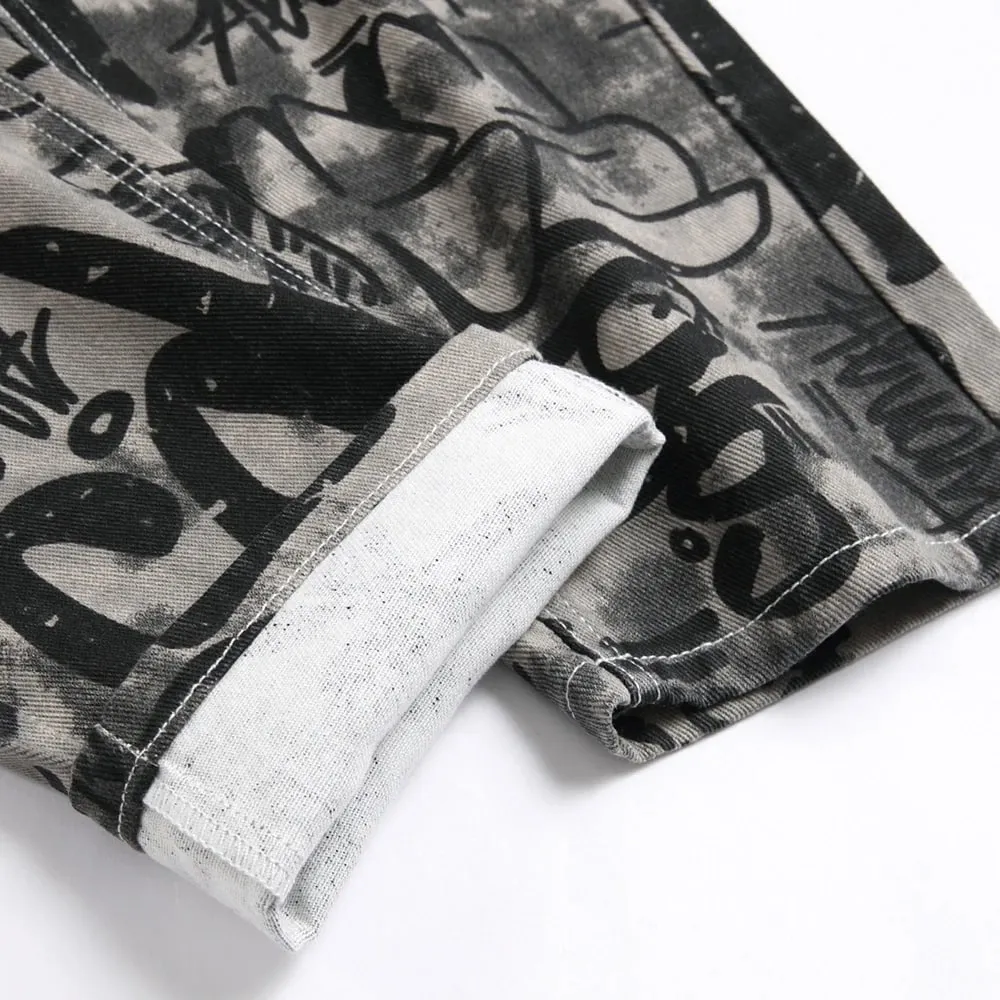 Men Graffiti Print Jeans Fashion Painted Stretch Cotton Denim Pants Slim Straight Trousers — image 5