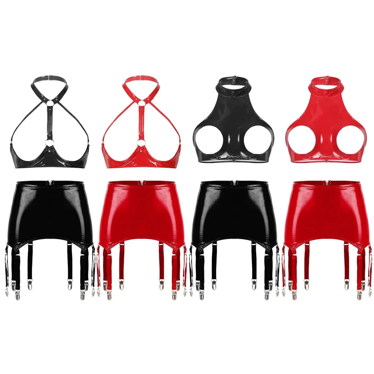 Womens Patent Leather Two-Pieces Porn Lingerie Set Wire-free Open Bust Push-up Bra Top Tank Top with Zipper Garters Mini Skirt