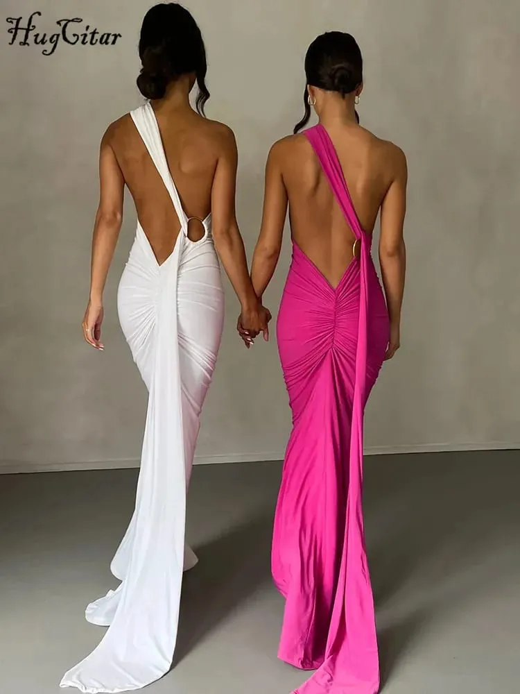 Hugcitar One Shoulder Rygløs justerbar tørklædeløkke Ruched Sexet Maxikjole 2025 Kvinder Elegant Y2K Streetwear Festival Outfit — image 4
