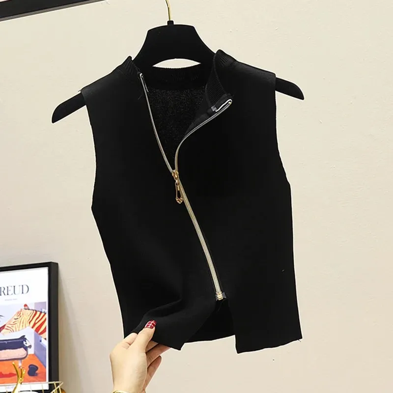 2026 Summer Spring zipper Knit Tank Top Cami Korean Camisole Elastic Vest O Neck Solid Color New Slim Breathable Tops White