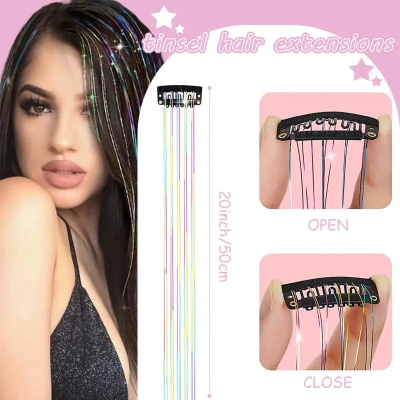 12Pcs Purple Clip in Tinsel Hair Extensions Hairpiece Colored Hair Tinsel Kit Party Highlights Hair Accessories for Women&Kids