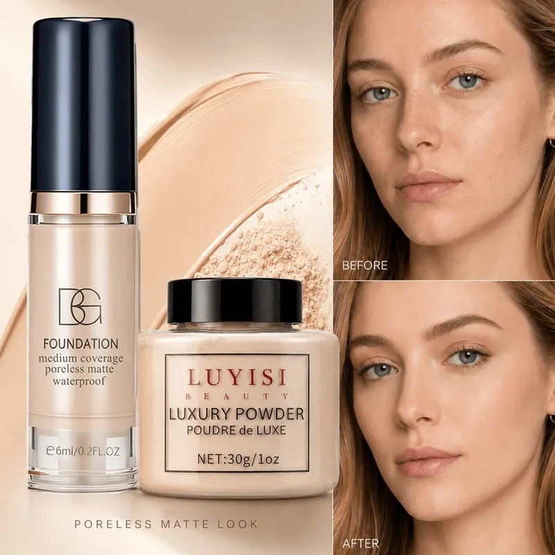 Facial Makeup Set:1pc Matte Loose Powder+1pc Waterproof Fundation High-Coverage Long-Lasting Oil Control Creat Natural Looks. — image 3