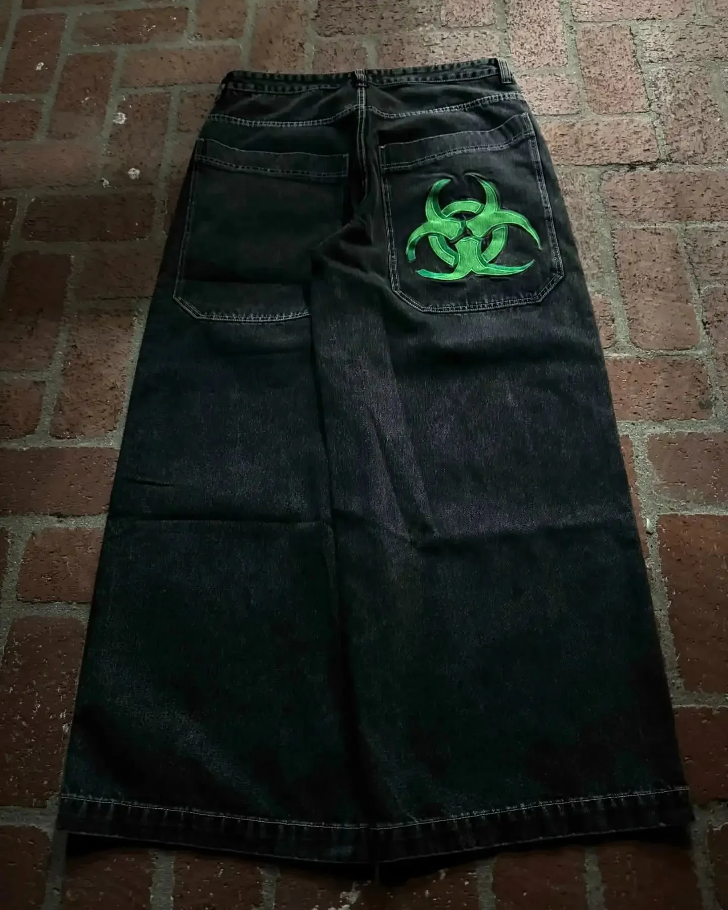Y2K Gothic Nuclear Waste Embroidery Jeans Punk Straight Wide-leg Denim Pants Men Fashion Hip Hop Retro Baggy Jeans Streetwear