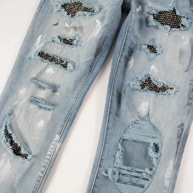 Blue High Street Holes Transparent Crystals Patchwork Stretch Slim Fit Rhinestones Patches Distressed Ripped Graffiti Jeans Men