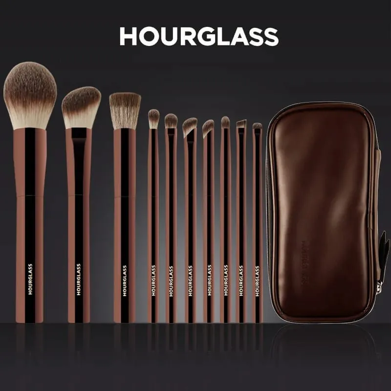 10pcs/set Hourglass Makeup brushes Powder Eyeshadow Domed Crease Make up brush Stippling Angled Shadow Brow with cosmeetic bag — image 4