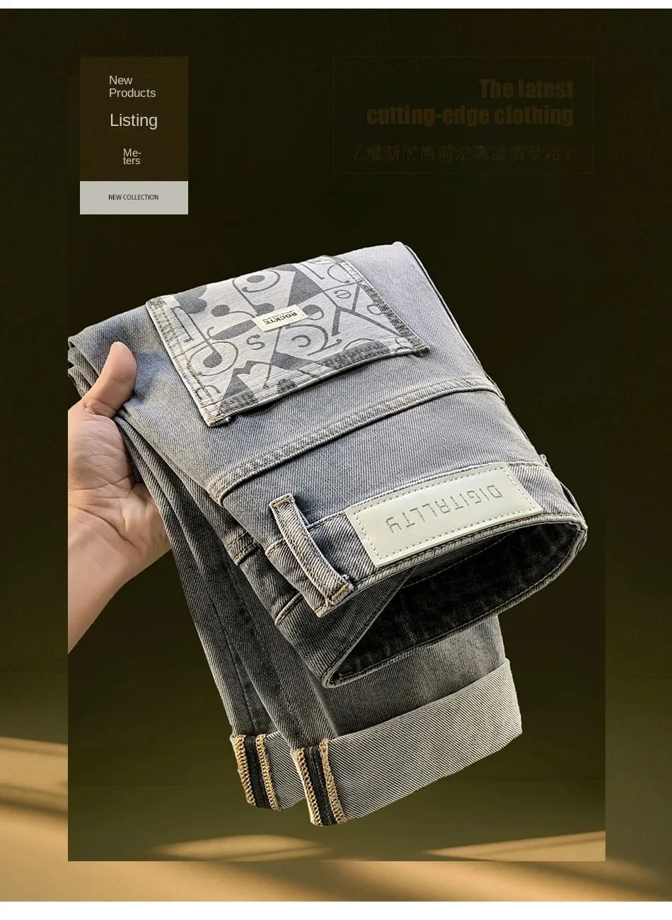 Jeans for men in spring and summer 2025 printed with small feet loose and casual stretch denim long pants