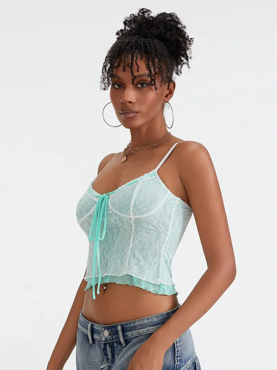 Captivating New Hotsweet Fairycore Women Y2k Lace Camisole Spaghetti Straps Tie-up Patchwork Slim Fit Summer Tops Clubwear — image 6