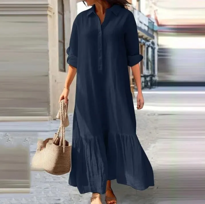 Cotton Linen Long Dress Women Long Sleeve Button Solid Color Casual Ruffles Loose Dresses Spring Autumn Comfortable Shirt Dress — image 13