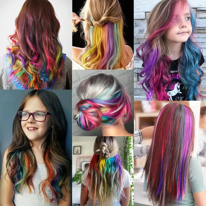 1 5 11 Pcs/lot Clip in Hair Extensions Multi-Colors Highlights Synthetic Hair 22 inch Rainbow Hairpieces for Girls Women Kids — image 7