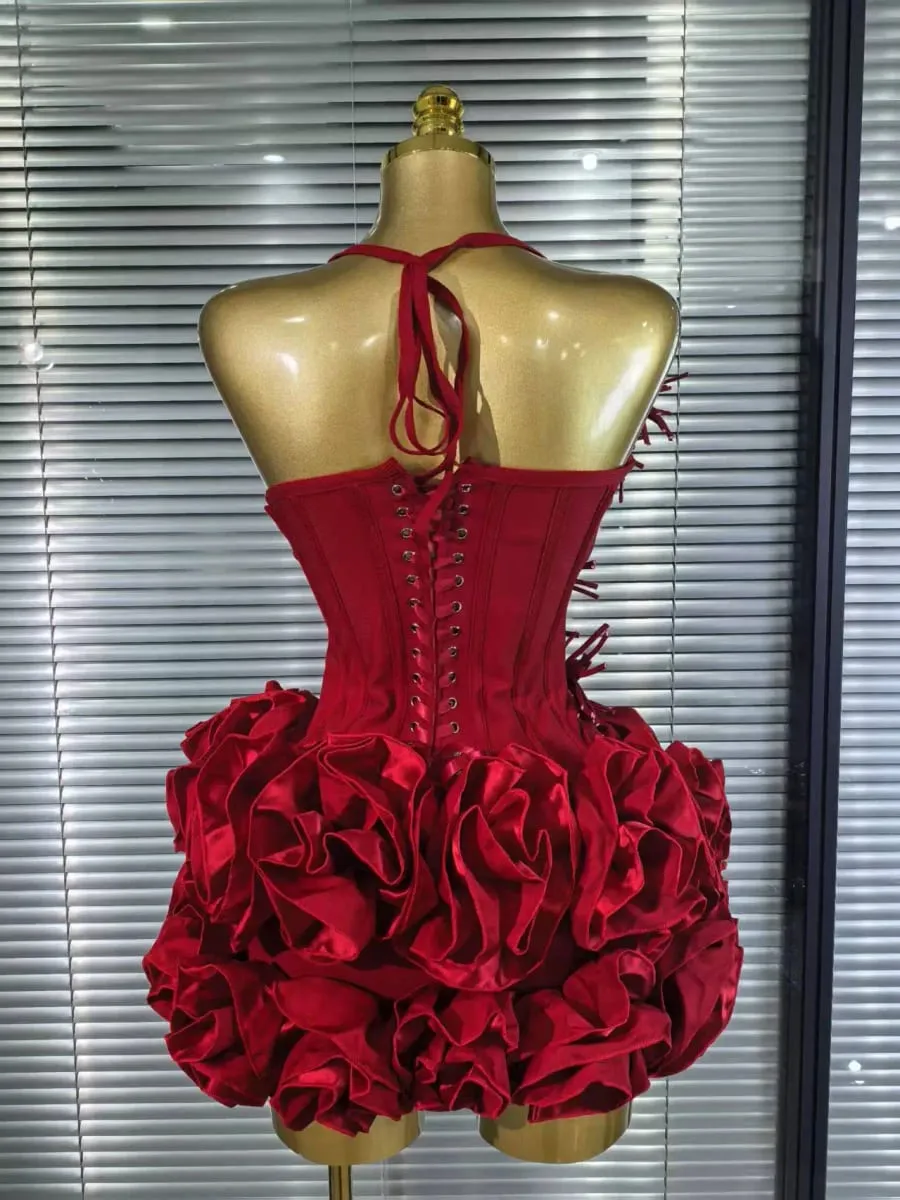 High Quality Black Red Women Sexy Halter Full Florals 2 Pieces Set Bodycon Mini Bandage Dress Celebrate Nightclub Party Wear