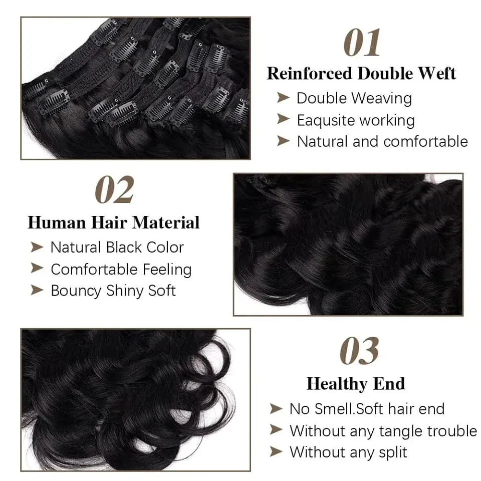 Body Wave Clip In Human Hair Extensions Full Head Brazilian Virgin Hair Clip on Hair Extension for Women 8 Pcs/Set 120Gram Weft — image 3