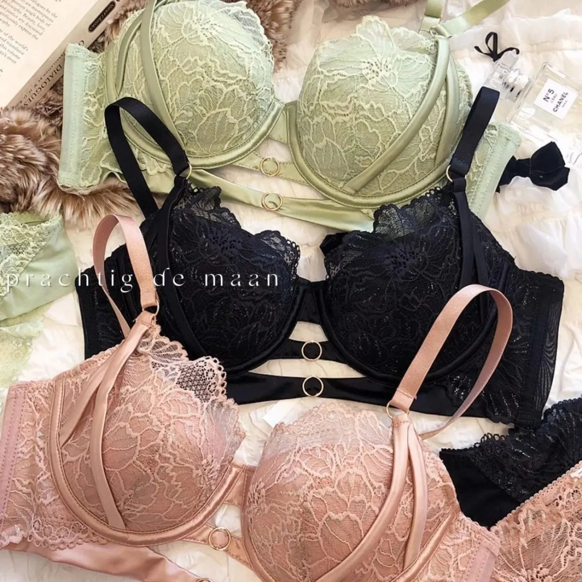 Sexy Hollow Lace Bra Set Large Breasts Gathered Comfortable Soft Steel Ring Top Support Anti-Sagging Breathable Thin Bra Set — image 3