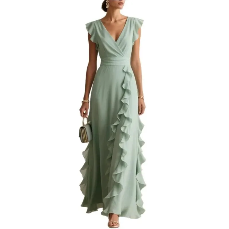 Women's Elegant Solid Color Ruffle Sleeveless Sexy V-Neck Long Dress Fashionable Bohemian Women's Party Evening Maxi Dresses — image 3