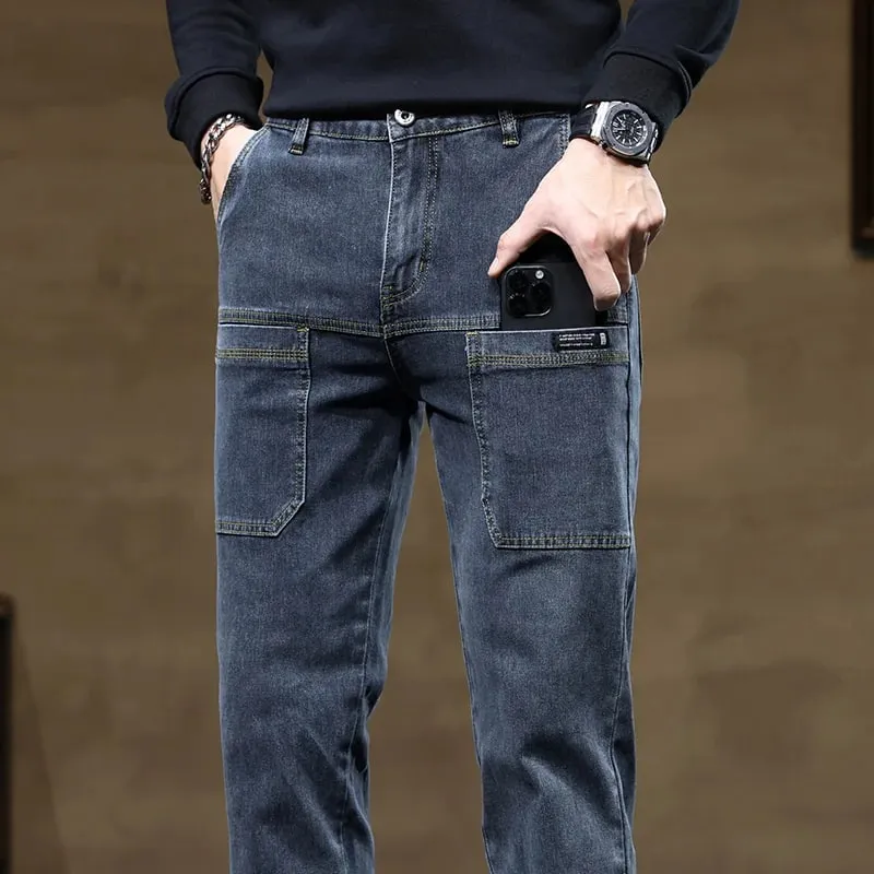 Versatile Six-Pocket Design Jeans Men's Loose Straight Leg Pants Stretchy Comfortable for Outdoor Hiking Activities All Seasons — image 3