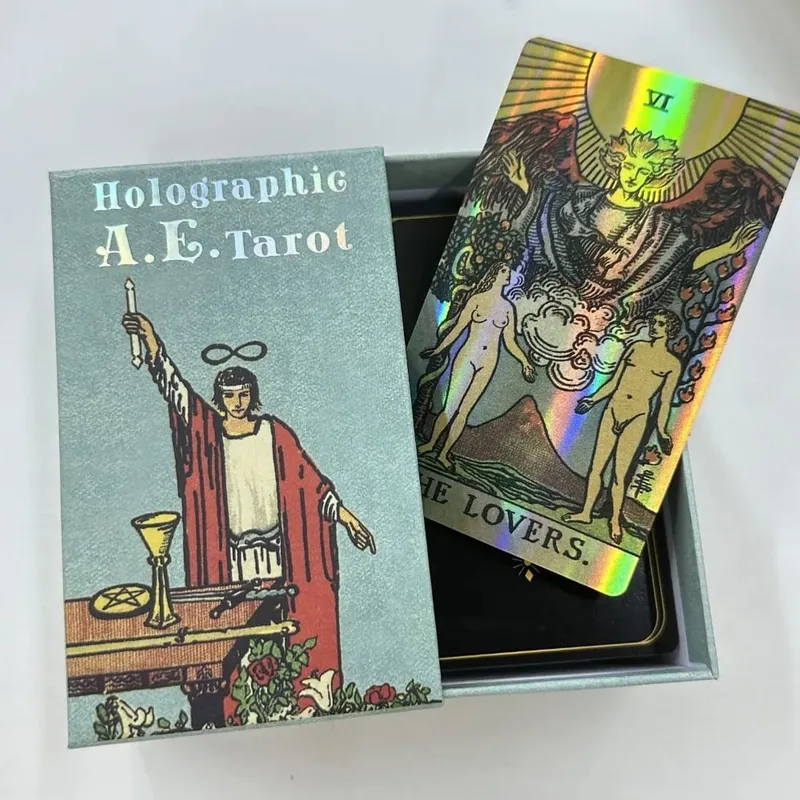 12*7cm Holographic A.E. Tarot Deck In Sliding Rigid Gift Box 78 Pcs Tarot Cards with Guidebook and Drawstring Pouch