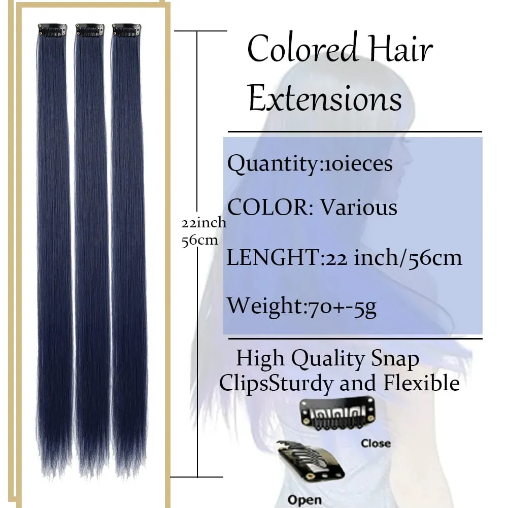 10PCS/Pack Colored Party Highlights Clip in Hair Extensions for Girls 22 Inches Omber colors Straight Hair Synthetic Hairpieces — image 4