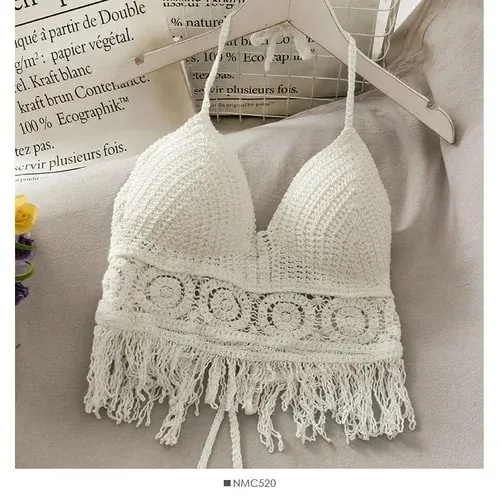 2026 Crop Tops Retro Wild Hollow Perspective Tassel Sexy Spaghetti Strap Tanke Top Women Built In Bra New Back Lace Halter Neck