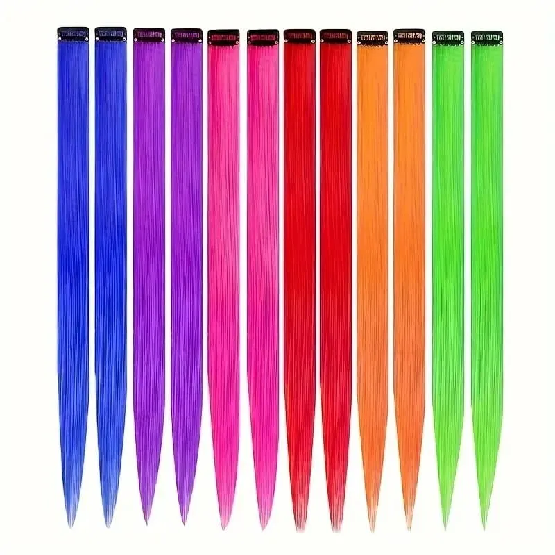 12 Pcs Colored Hair Extensions: Straight Hairpiece Multi-Color Party Highlights Clip-in Synthetic Hair Extensions for Women — image 13