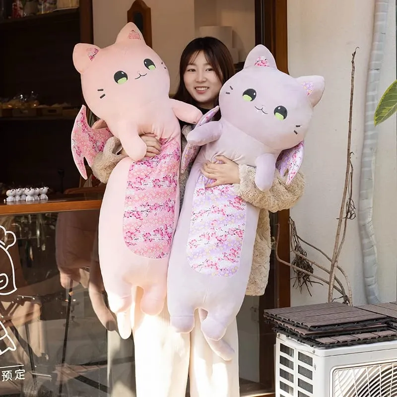 60cm Cute Cat Body Pillows Cherry Blossom Cat with Bat Wing Plush Toys Kawaii Soft Sleeping Pillow Cushion Girl Birthday Gift — image 5