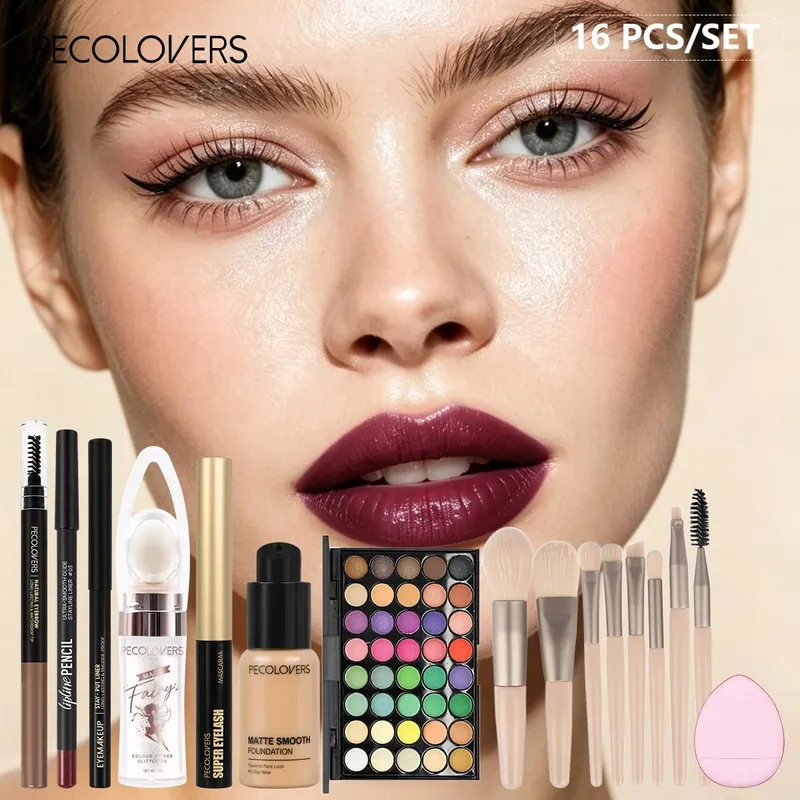 16PCS/SET Bright Multicolor Eyeshadow Long Lasting Foundation Primer Eye Lip Makeup and Soft Makeup Brushes for Party Looks — image 2