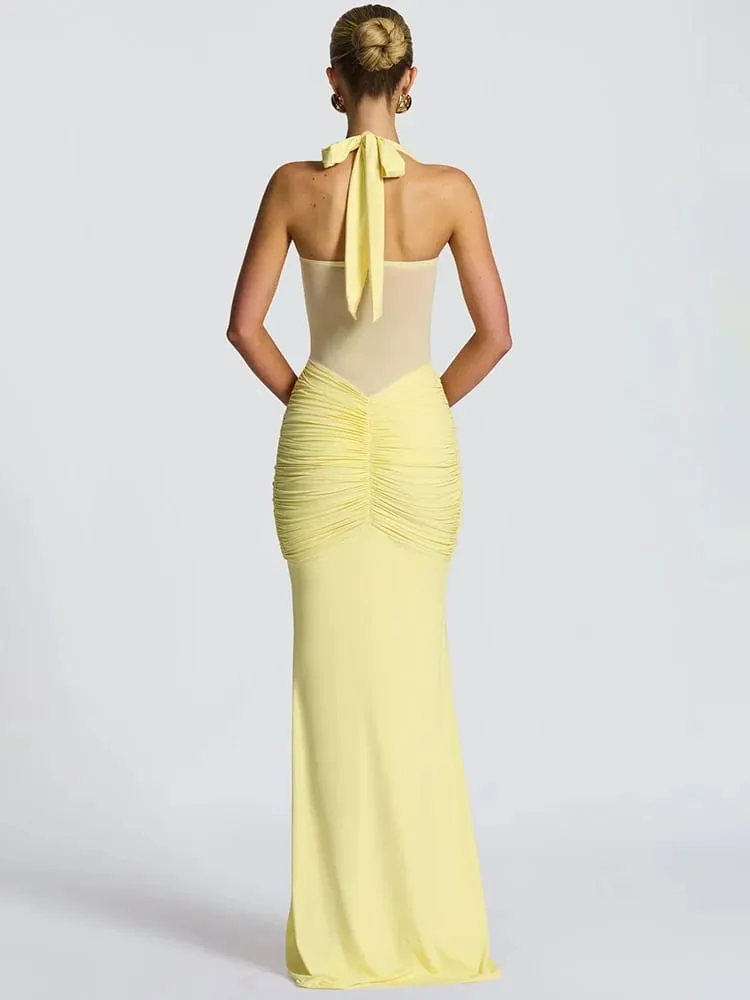 Mozision Halter Backless Sexy Maxi Dress Women Fashion Patchwork Off-shoulder Sleeveless Ruched Draped Bodycon Club Party Dress