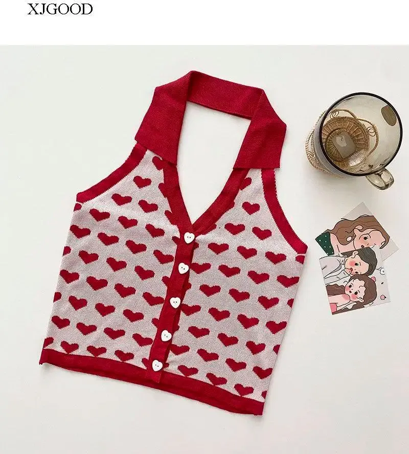 Y2k Heart Halter Vest Teengirl Button Front Sleeveless Collared Crop Top Women's Tanks and Cami Summer Vacation Outfit — image 4