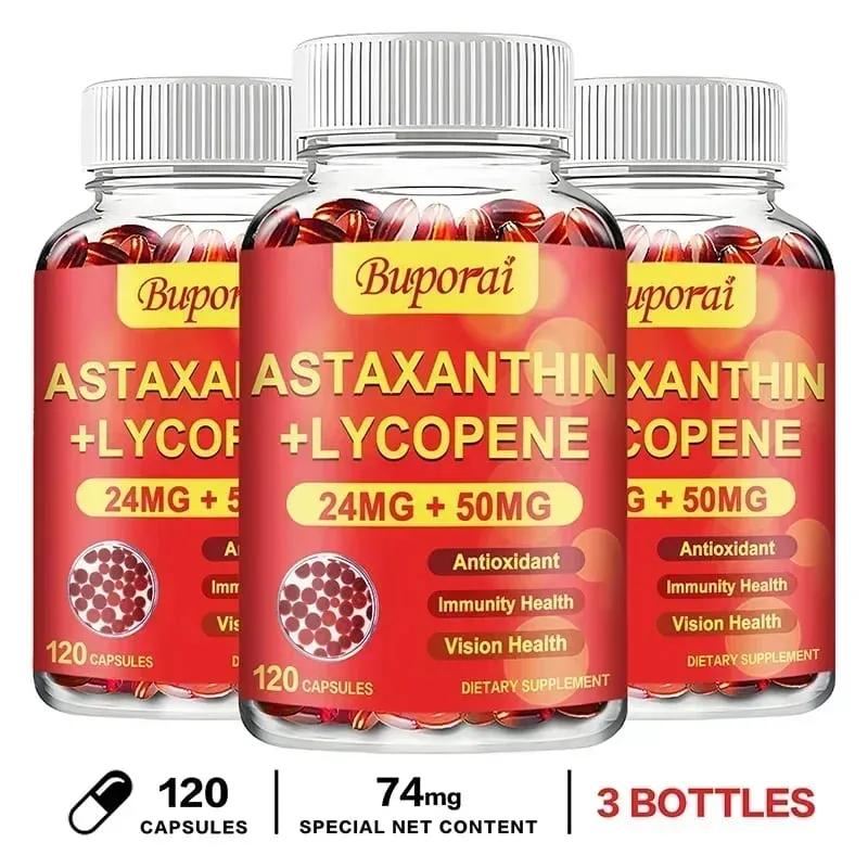 Astaxanthin + Lycopene Capsules - Supports Eye Joint and Skin Health Improves Immunity Speeds Up Metabolism Non-GMO