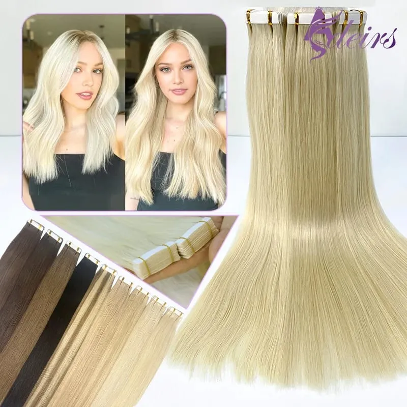Straight Tape In Human Hair Extensions 100% Real Hair Extensions 16"-24" Black Brown Blonde #613 Invisible Tape In