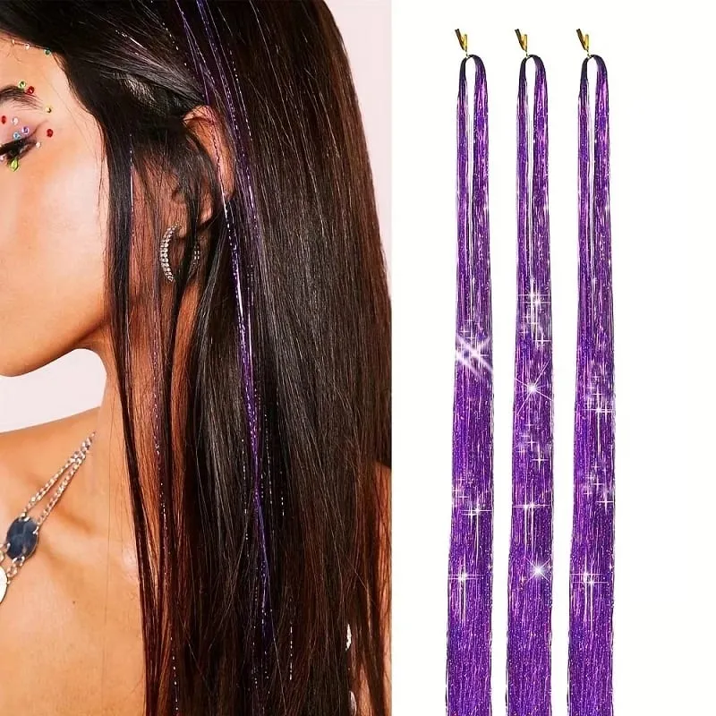 Extensions capillaires synthétiques brillantes de couleur arc-en-ciel, 90cm, 3 pièces/ensemble, guirlandes Laser longues et lisses, résistantes à la chaleur, Extensions de cheveux féeriques, fête quotidienne
