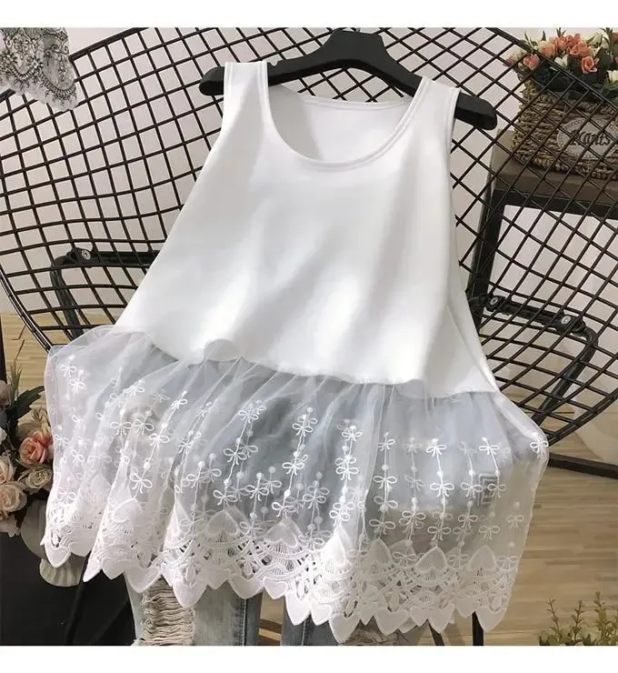 Street Casual Lace Patchwork Tanks Summer New Sleeveless Solid Color Loose Youth White T Shirt Tops Fashion Trend Women Clothing — image 8
