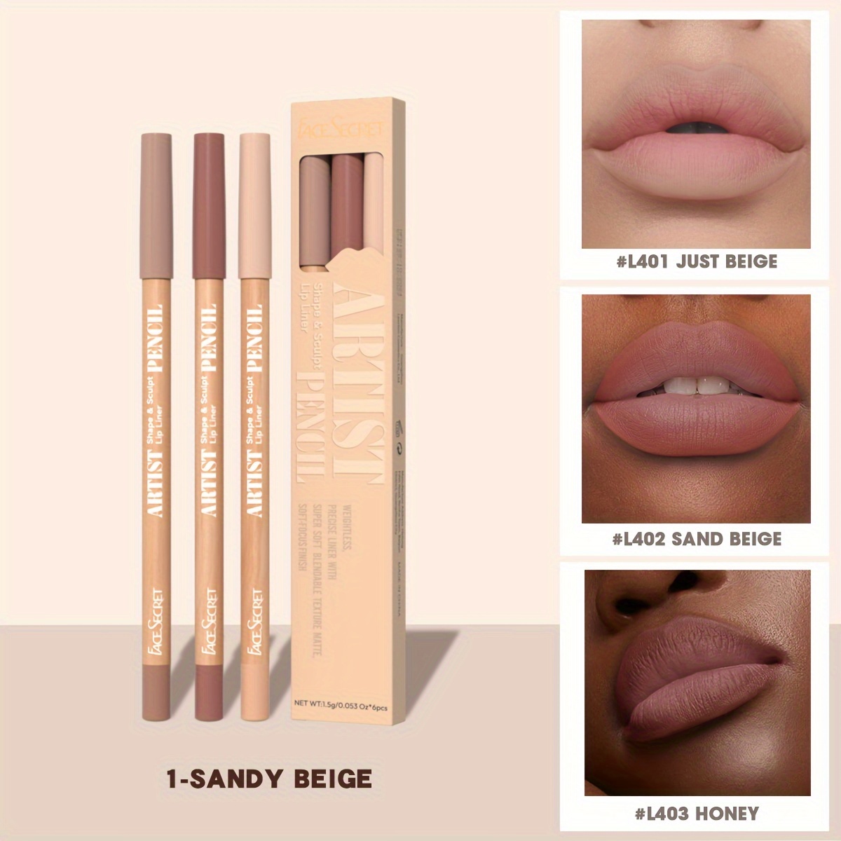 Face Secret 3pcs Set Nude Lip Liner Natural Matte Long-Lasting Waterproof High Pigmented Hook Line Lip Pencil Makeup