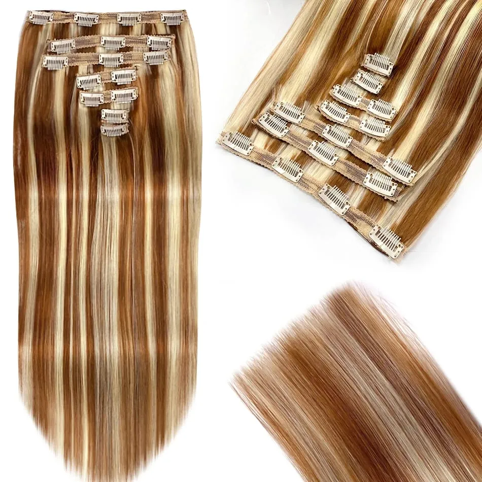 100% Real Human Hair Blonde Clips In Hair Extensions Bundles Natural Black Bulks Blonde 613 Piano Colored Brazilian Hair 30 inch — image 25